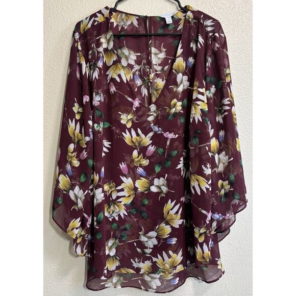 Boutique Women's Plus Size 3X Burgundy Floral 3/4 Sleeve Blouse Top Fairy Boho - Picture 1 of 10